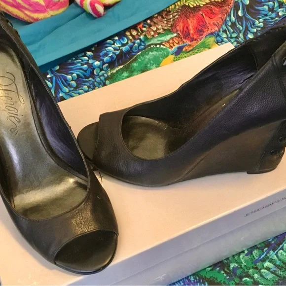 Fergie Black Peep-Toe Wedges - Picture 7 of 7